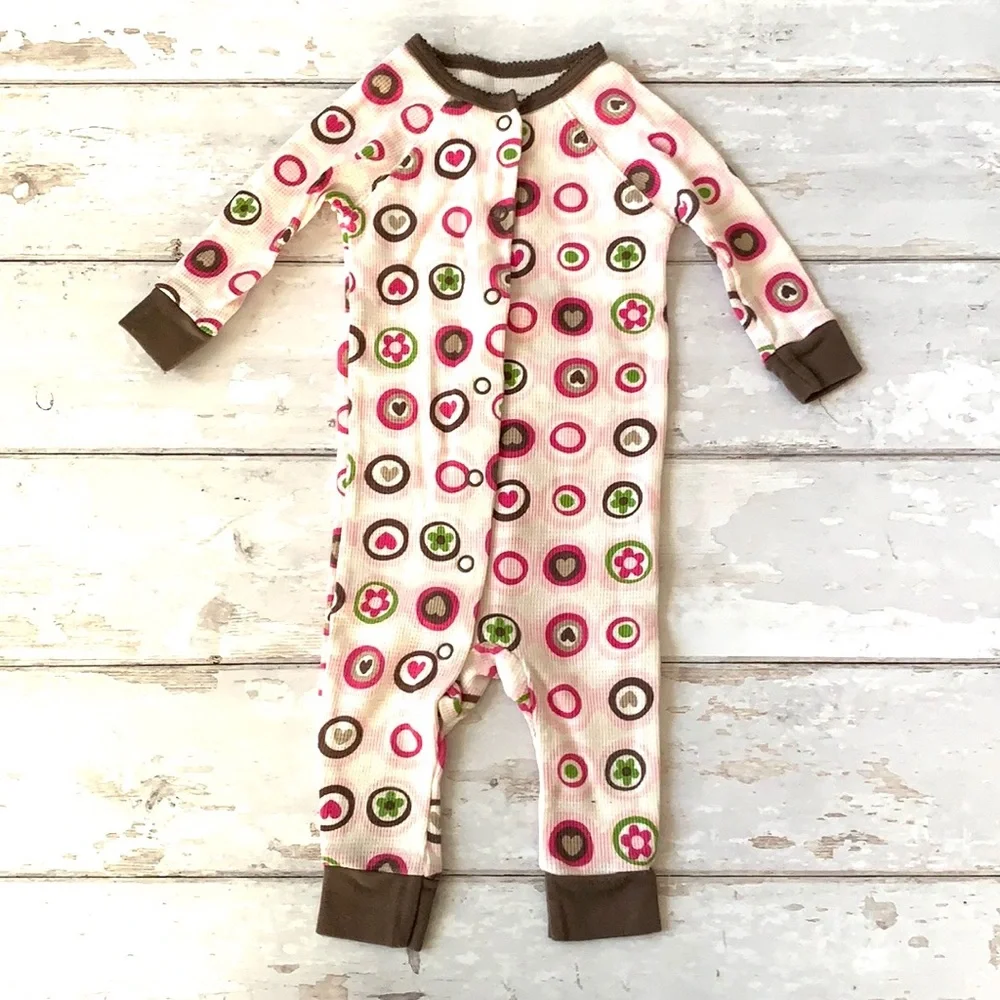 Carters 6m Baby Girl Thermal One Piece Sleeper Pajamas Set Pink Brown Hearts